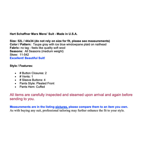 Hart Schaffner Marx Mens 52L 44x34 Taupe Gray Ice Blue Plaid Suit U.S.A. - Picture 2 of 16